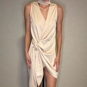 Ivory silk mini dress with tie waist